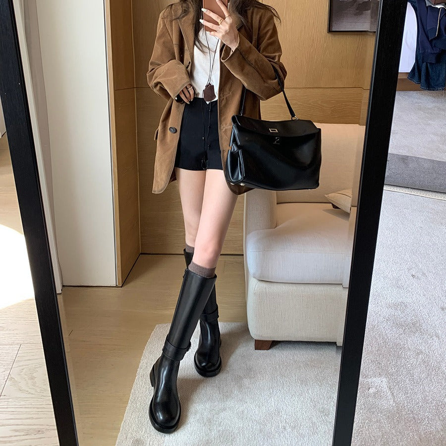 Women's Chunky Lock Pointed Round Toe Leg Straight Slimming Boots