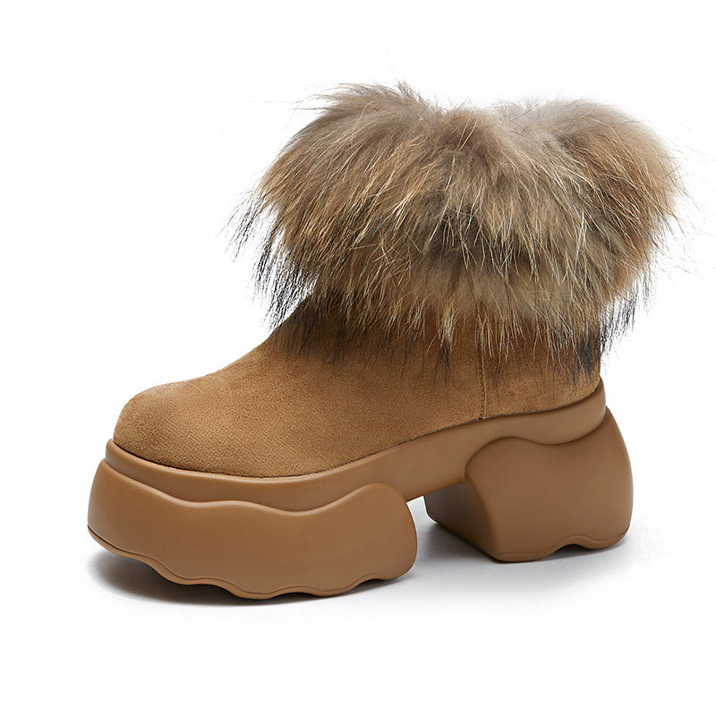 Women's Raccoon Fur Platform Winter Thickened Fleece-lined Cotton Snow Boots