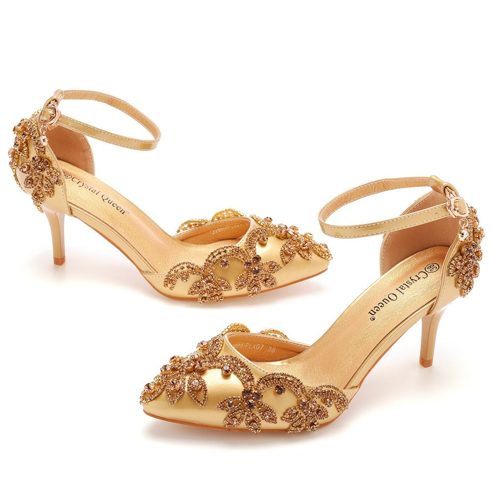 Pointed Plus Size Stiletto Toe Rhinestone High Golden Heels