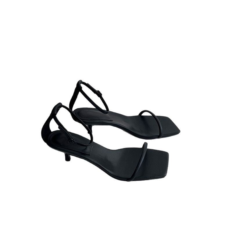 Women's Buckle Fashion Summer Stiletto Square Toe Open Genuine High Heeled Sandals