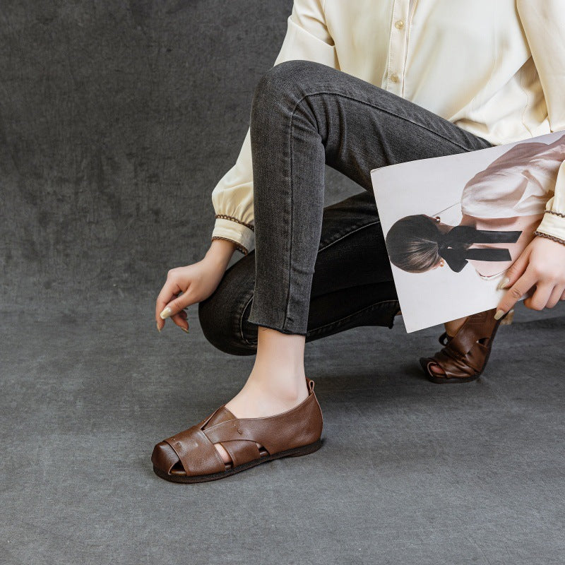 Women's Cowhide Retro Handmade Flat Soft Bottom Summer Sandals