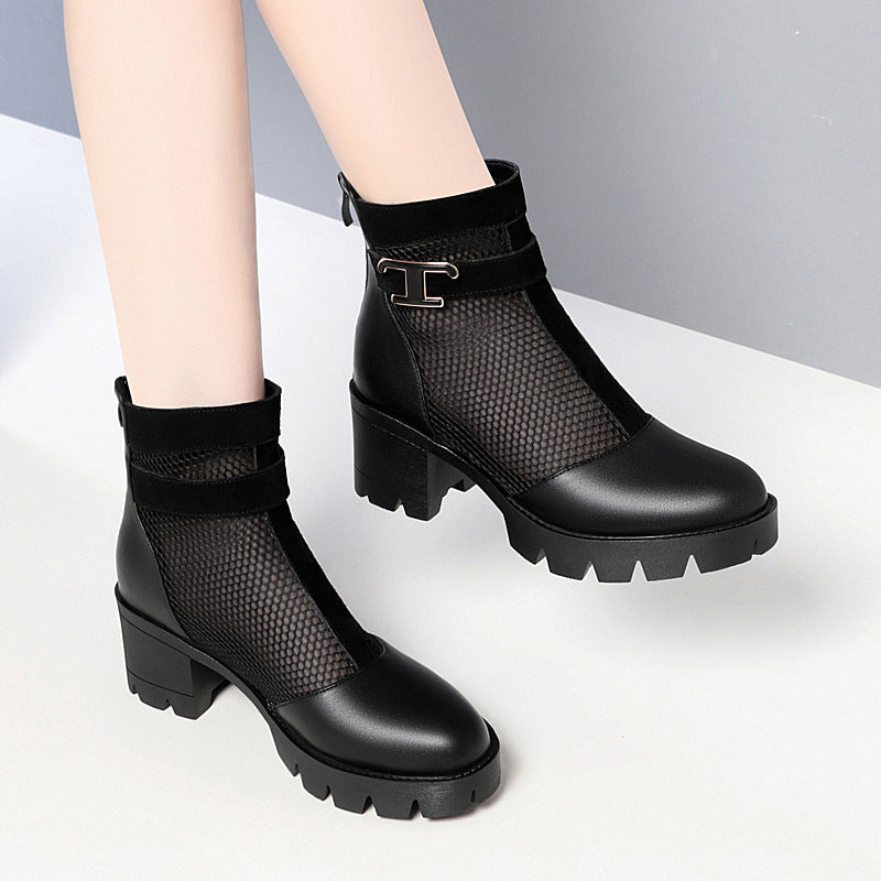 Women's Mesh Mid Chunky Pumps British Style Women's Shoes