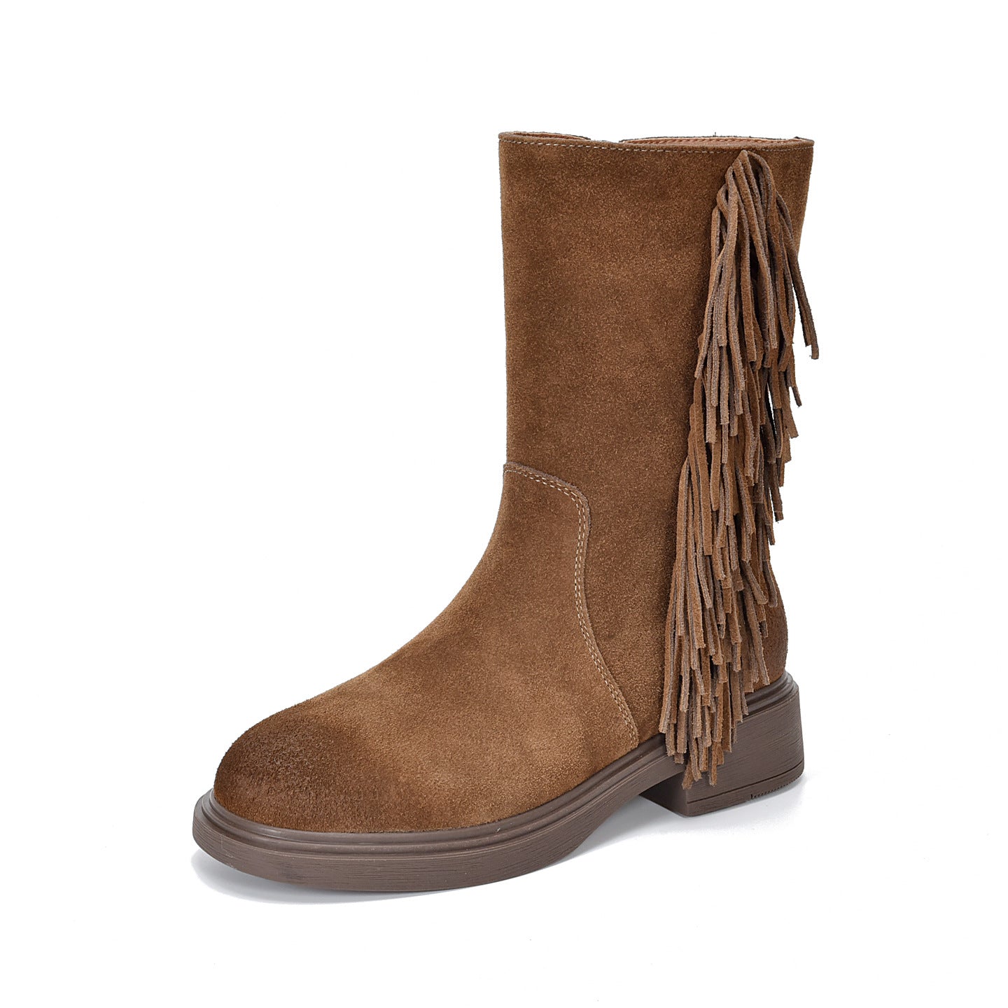 Women's Tassel Mid Genuine Fashion Round Toe Cowhide Women's Leather Boots