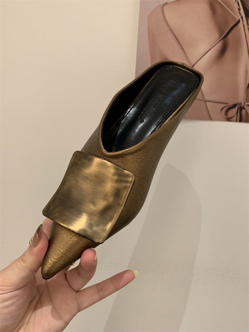 Women's Metal Buckle Closed Toe Half Outer Wear Summer Height Increasing Sandals