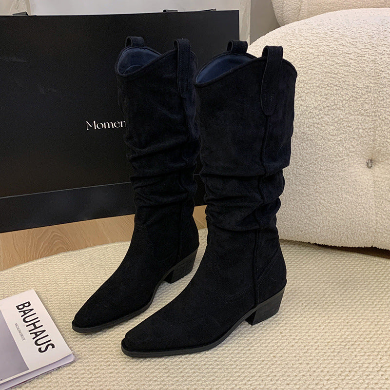 Women's Size Suede Pile Style Western Cowboy Thick Leg Long Boots