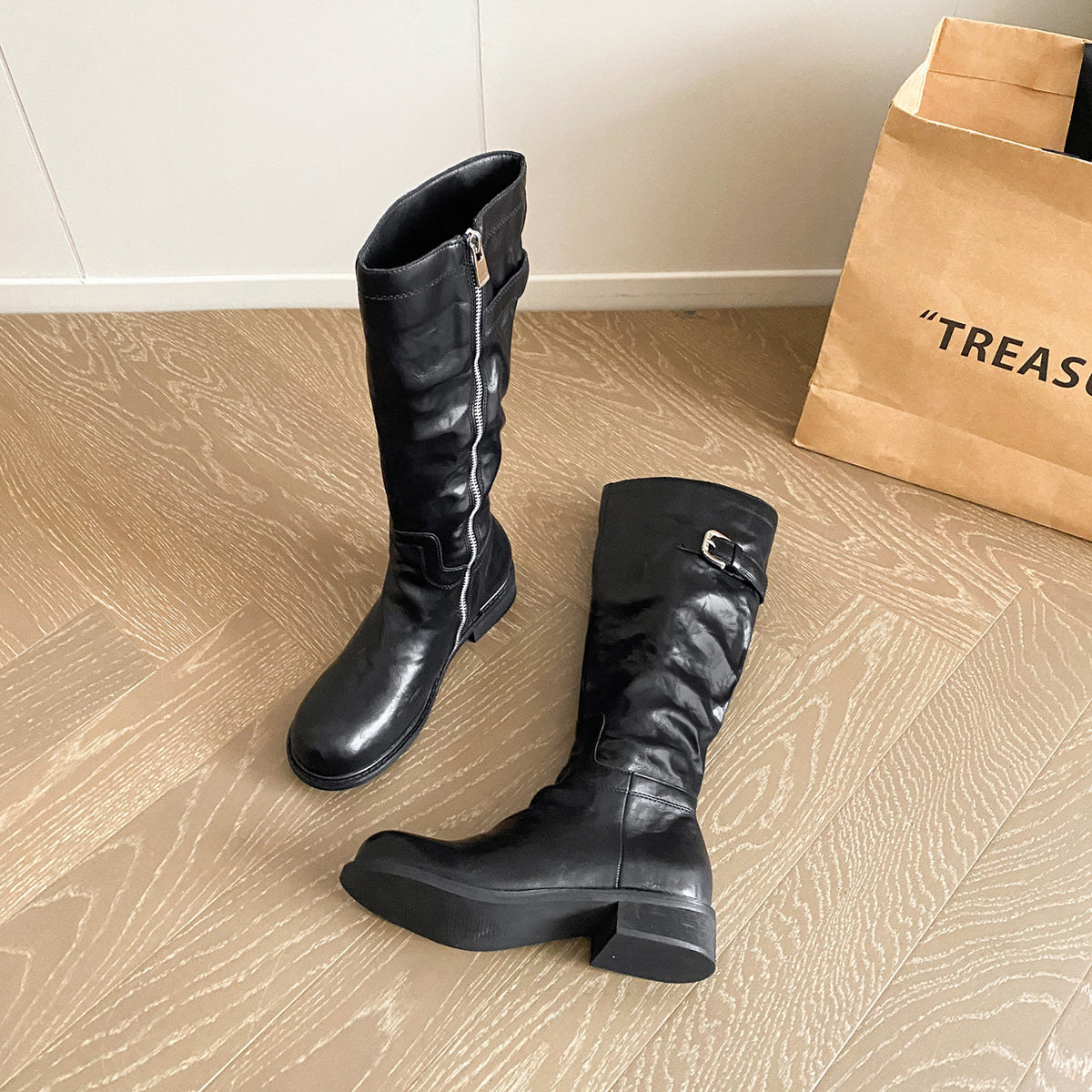 Washed Fleece-lined Below The Knee Thick Bottom Knight Female Retro Boots
