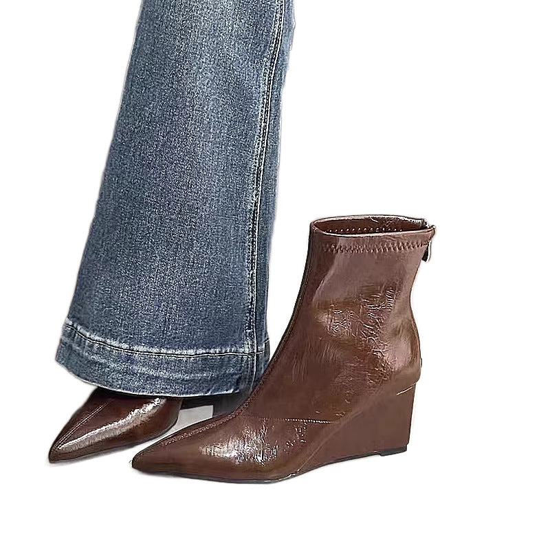 Women's Pointed Toe Wedge Skinny Mid Back Zip Women's Leather Boots