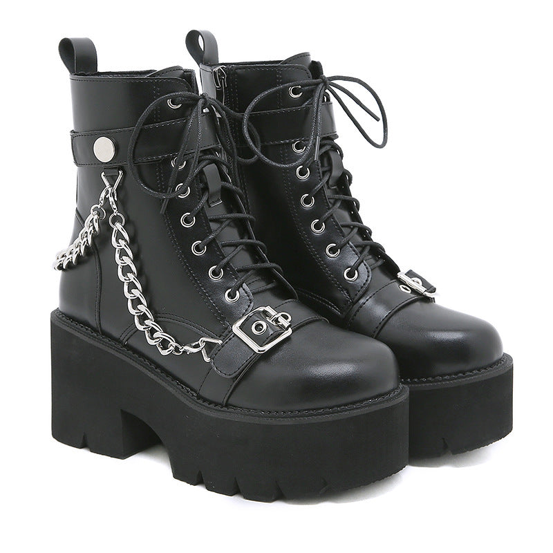 Women's Punk Motorcycle Metal Belt Buckle Front Chunky Booties Women's Leather Boots