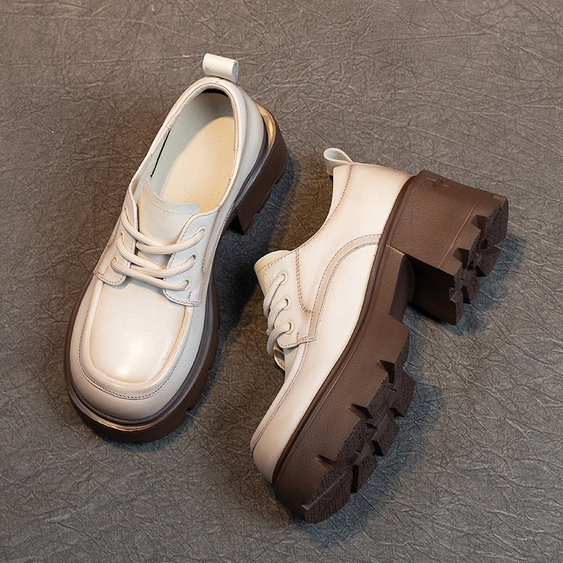 Women's Cowhide Authentic Platform Thick Bottom Lace Casual Shoes