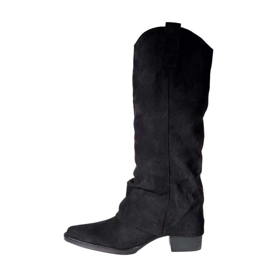 Women's High Pointed Toe Long Suede Pantyhose Pile Style Thick Women's Leather Boots