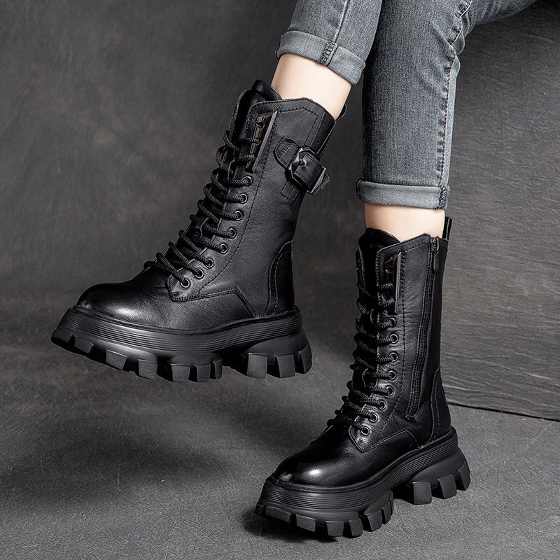Shu Autumn Solid Color Retro Belt Buckle Muffin Boots
