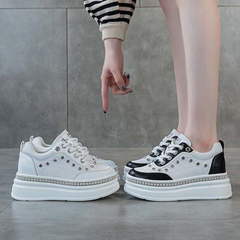 Thick Bottom White Platform Small Rhinestone Pearl Genuine Casual Shoes