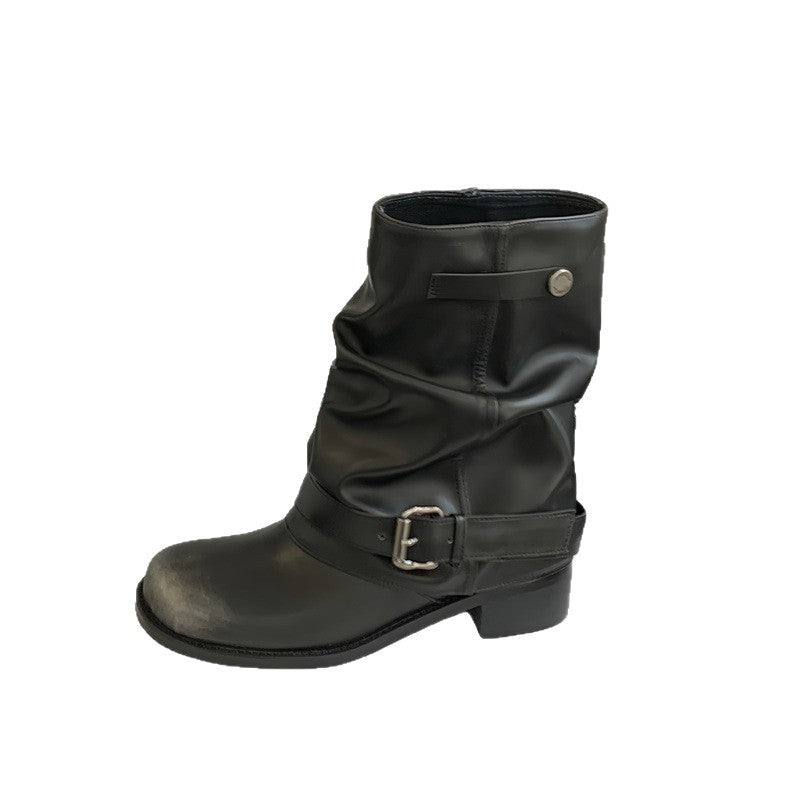 Women's Pleated Pile Style Black Round Vintage Genuine Chunky Women's Leather Boots