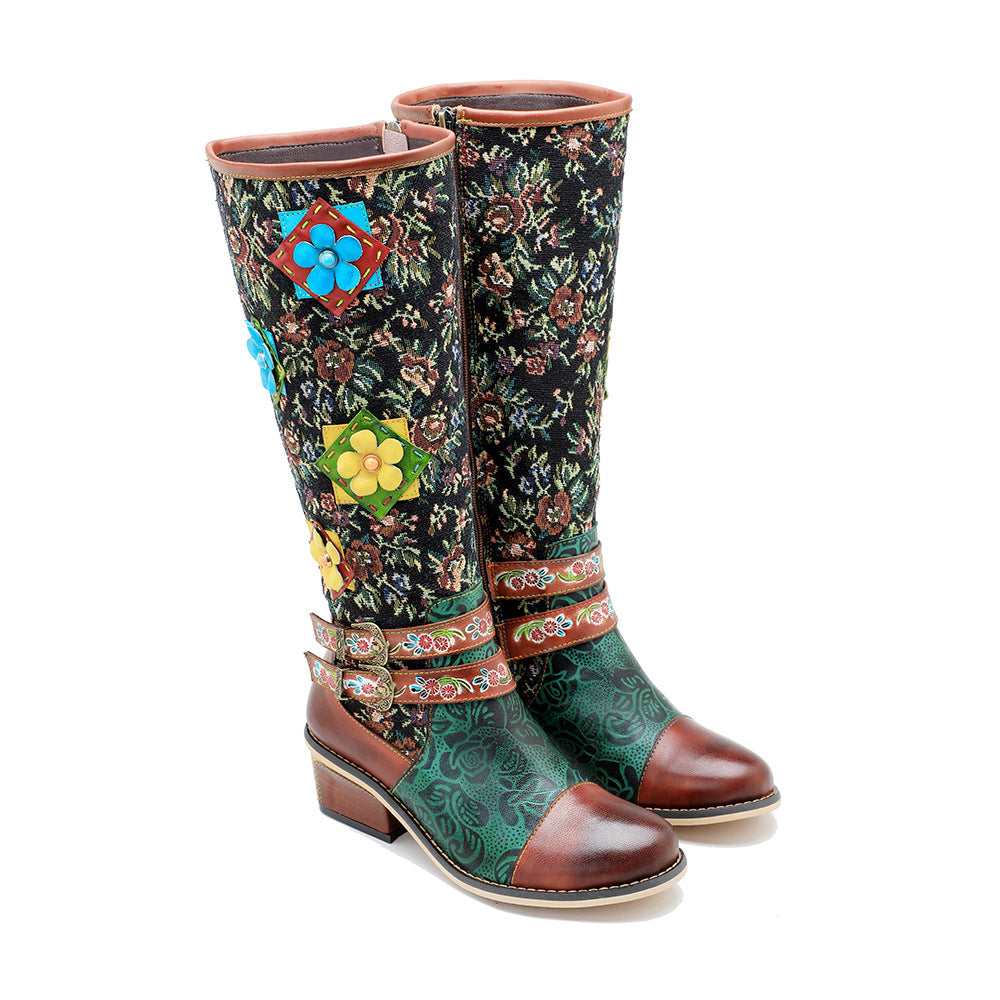 Hand-rub Color Printing Stitching Three-dimensional Flower Belt Buckle Comfortable Boots