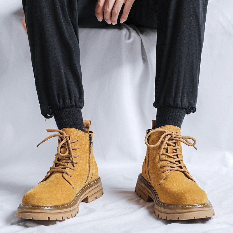 Men's Round Head Pigskin High Top Length Thick Boots