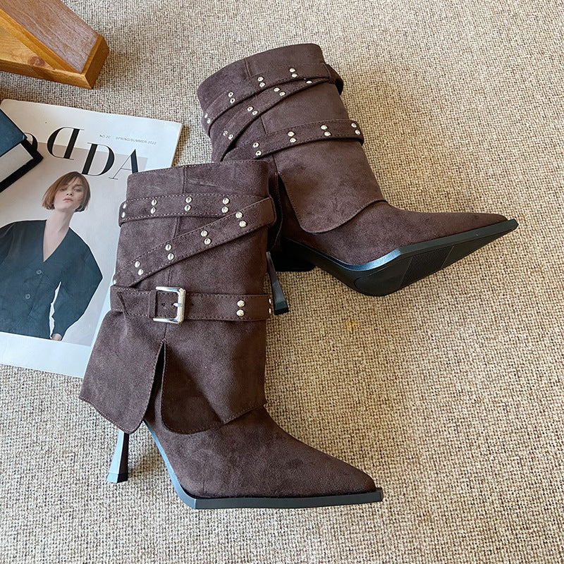 Women's Belt Buckle Wide Tube Fashion Skinny Stilettos Boots