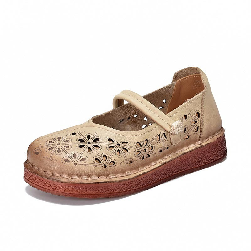 Women's Cowhide Hollow Soft Bottom Ethnic Style Retro Hole Mori Closed Sandals