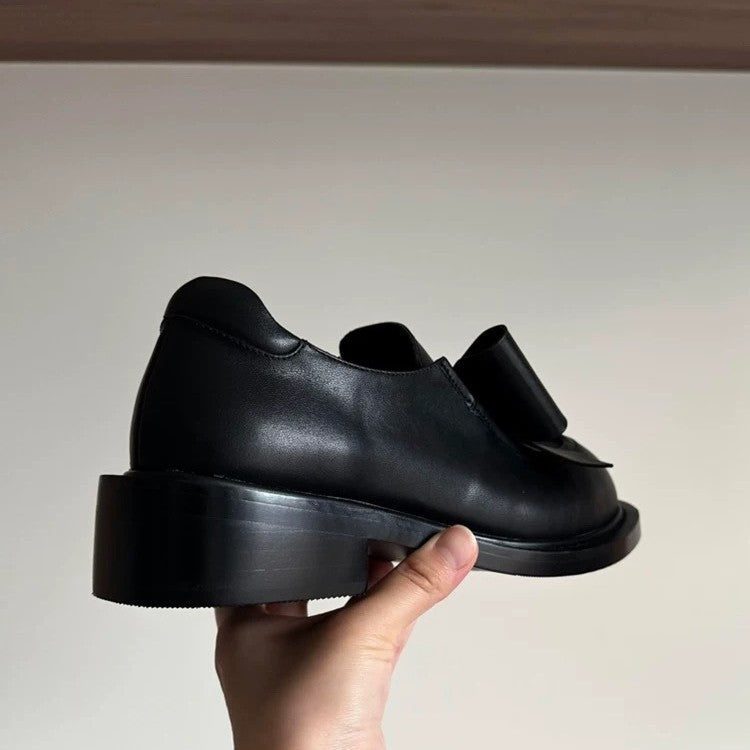 Women's Genuine Preppy Style Bow Round Toe Chunky Leather Shoes