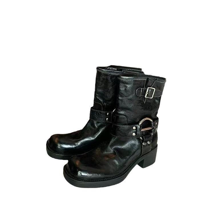 Mom Metal Buckle Round Toe Vintage Motorcycle Chunky Boots