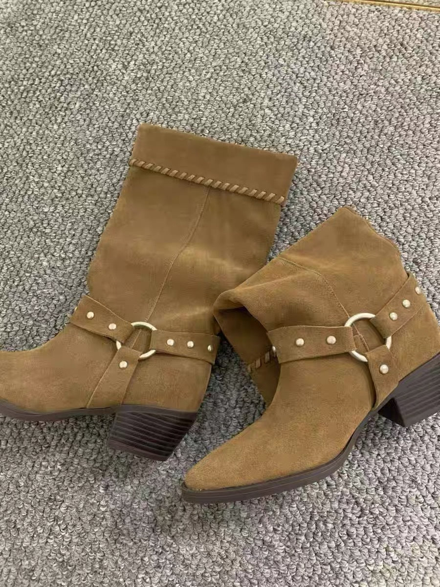 Women's Sheepskin Version Retro Minority Pointed Toe Chunky Rivet Thigh High Boots