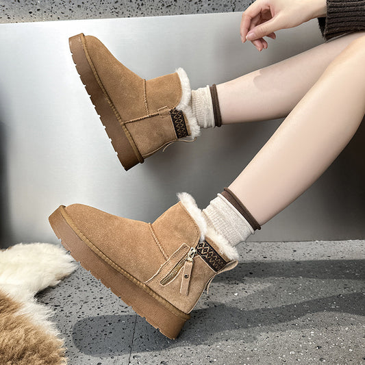 Women's Zip Platform Ethnic Style Fleece-lined Double Face Short Snow Boots