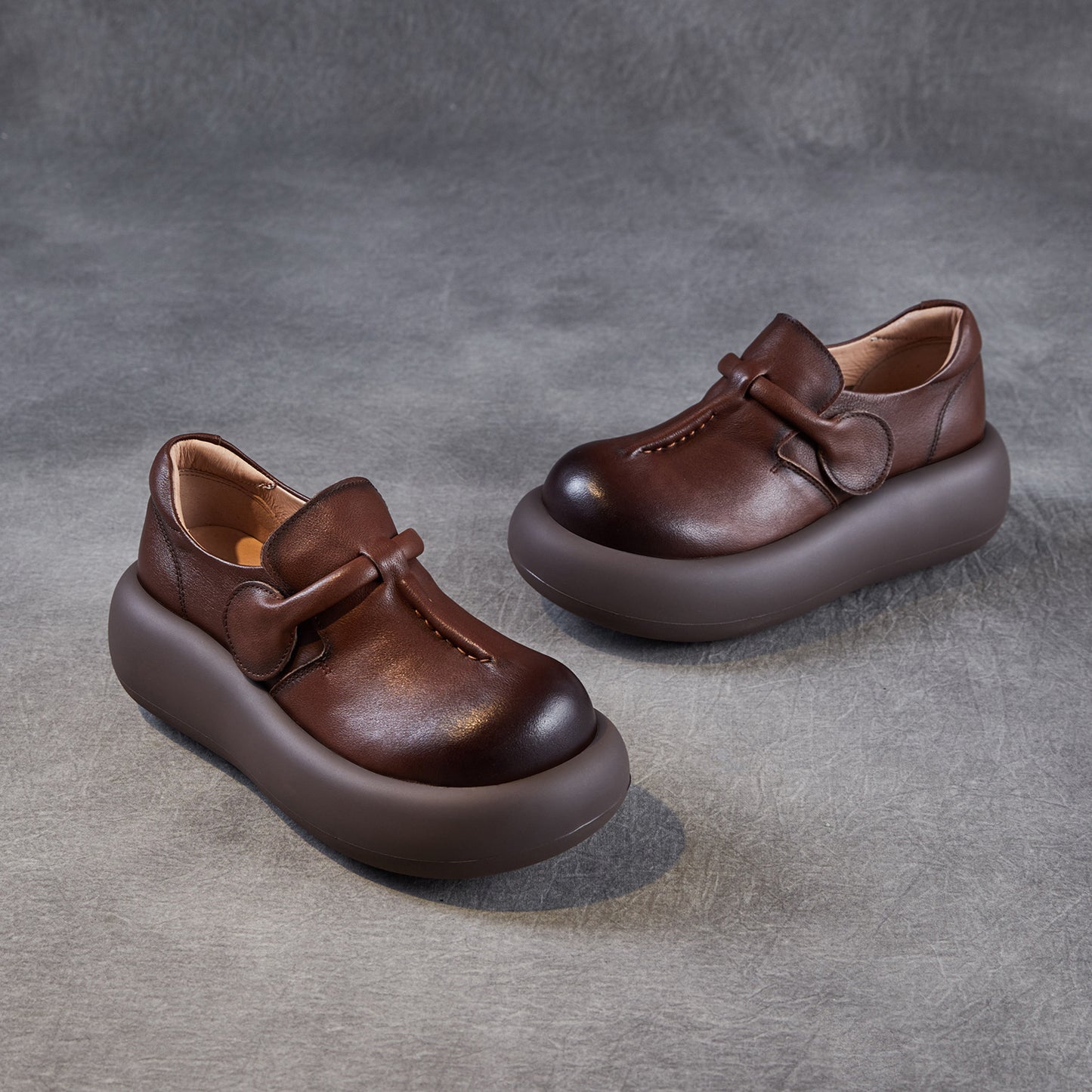 Women's Cowhide Big Head Genuine Elevator Platform Muffin Casual Shoes