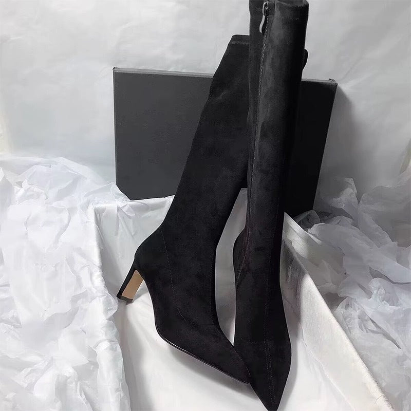 Women's Stretch Thin Pointed Toe Chunky Stockings Boots