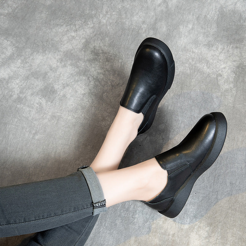Women's First Layer Cowhide Pumps Round Toe Casual Shoes