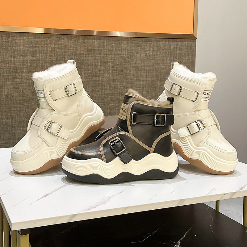 Women's Platform Winter Fleece-lined Cotton Belt Buckle Snow Boots