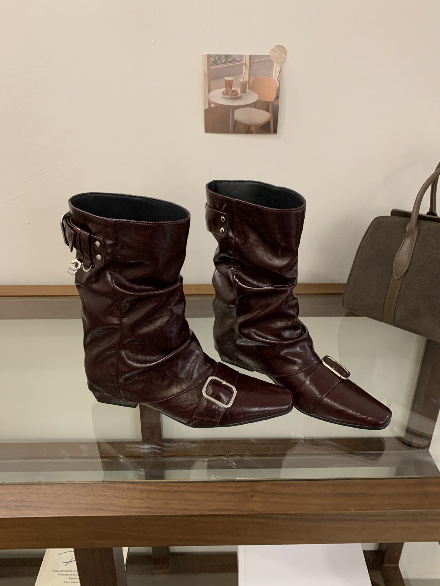 Women's Brown Belt Buckle Booties Western Pile Style Women's Leather Boots