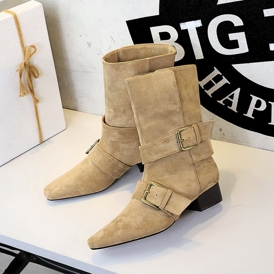 Women's Toe Belt Buckle Mid Chunky Suede Single Women's Leather Boots