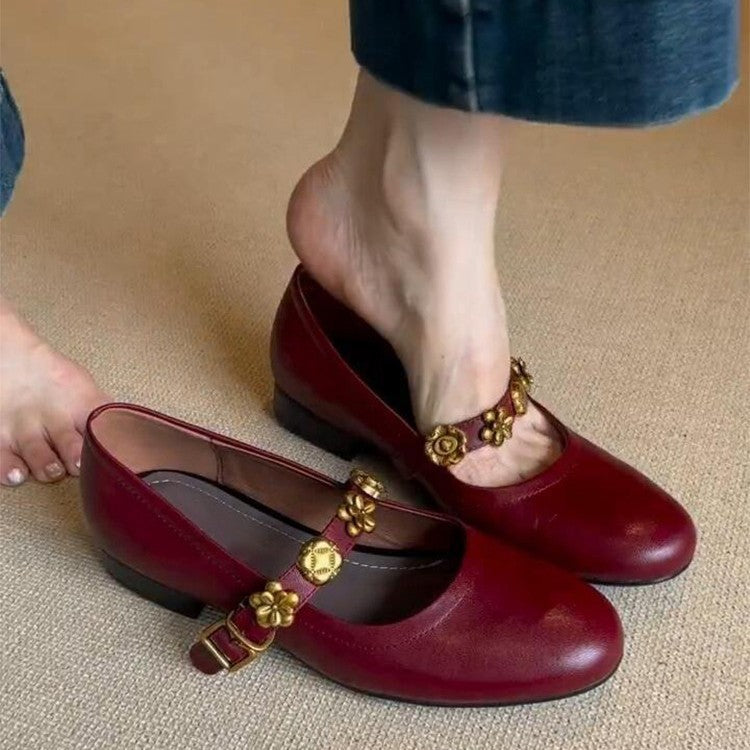 Women's Metal Buckle Genuine Mary Jane French Women's Shoes