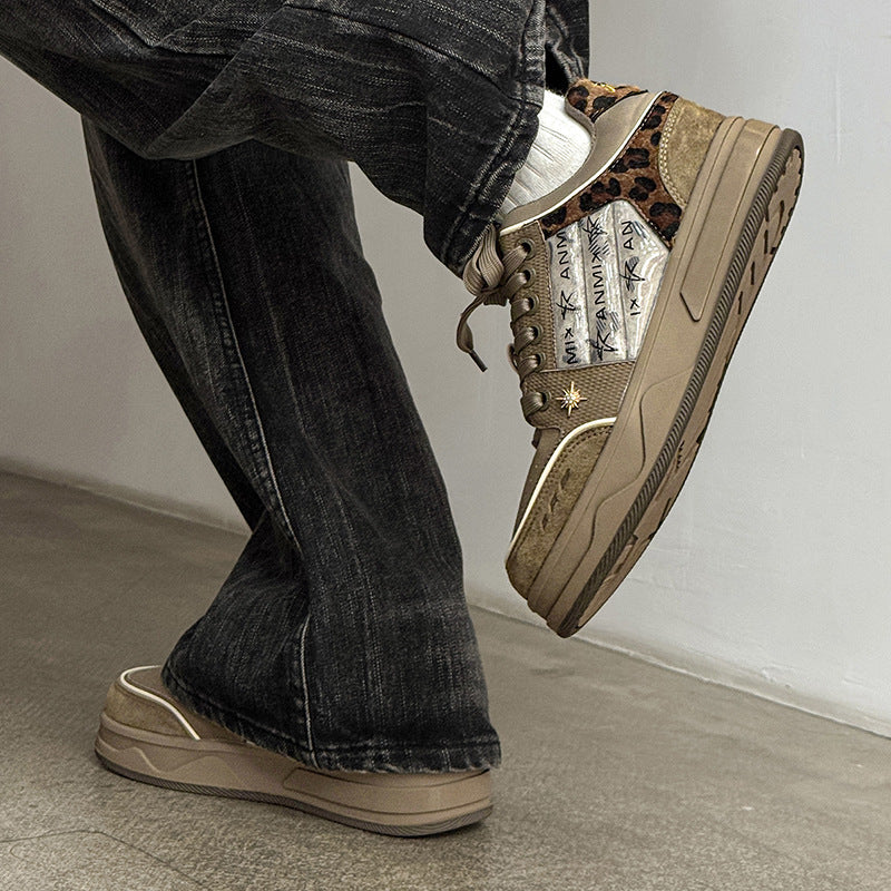 Men's Trendy Star Pattern Leopard Print Platform Height Increasing Versatile Sneakers