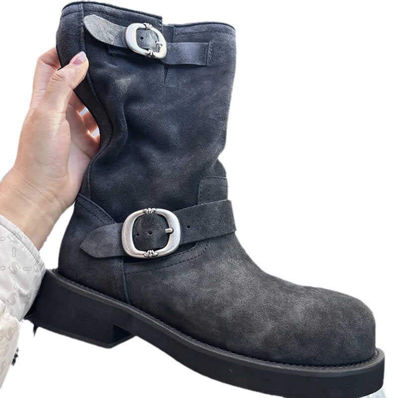 Women's British Style Martin Cowboy Belt Buckle Women's Leather Boots
