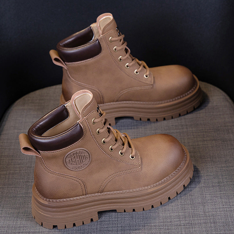 Women's Platform Elevator Wild Worker Retro Short Tube Women's Leather Boots