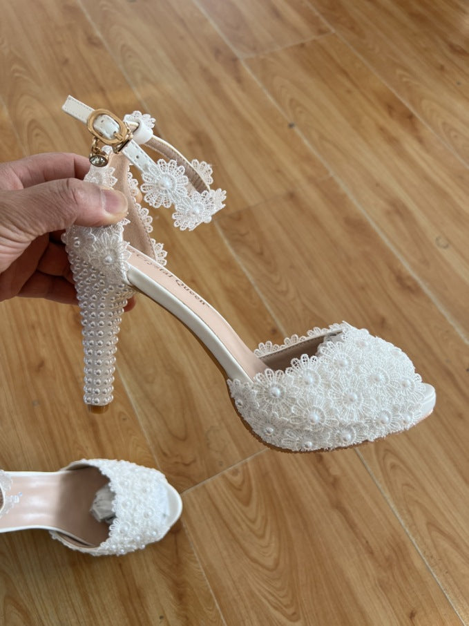 Waterproof Platform Stiletto White Lace Wedding Sandals