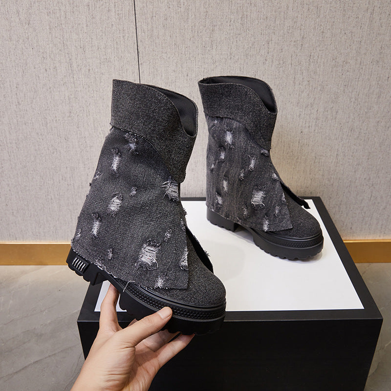 Women's & Men's Platform Fleece-lined Denim Slip-on Height Increasing Women's Shoes