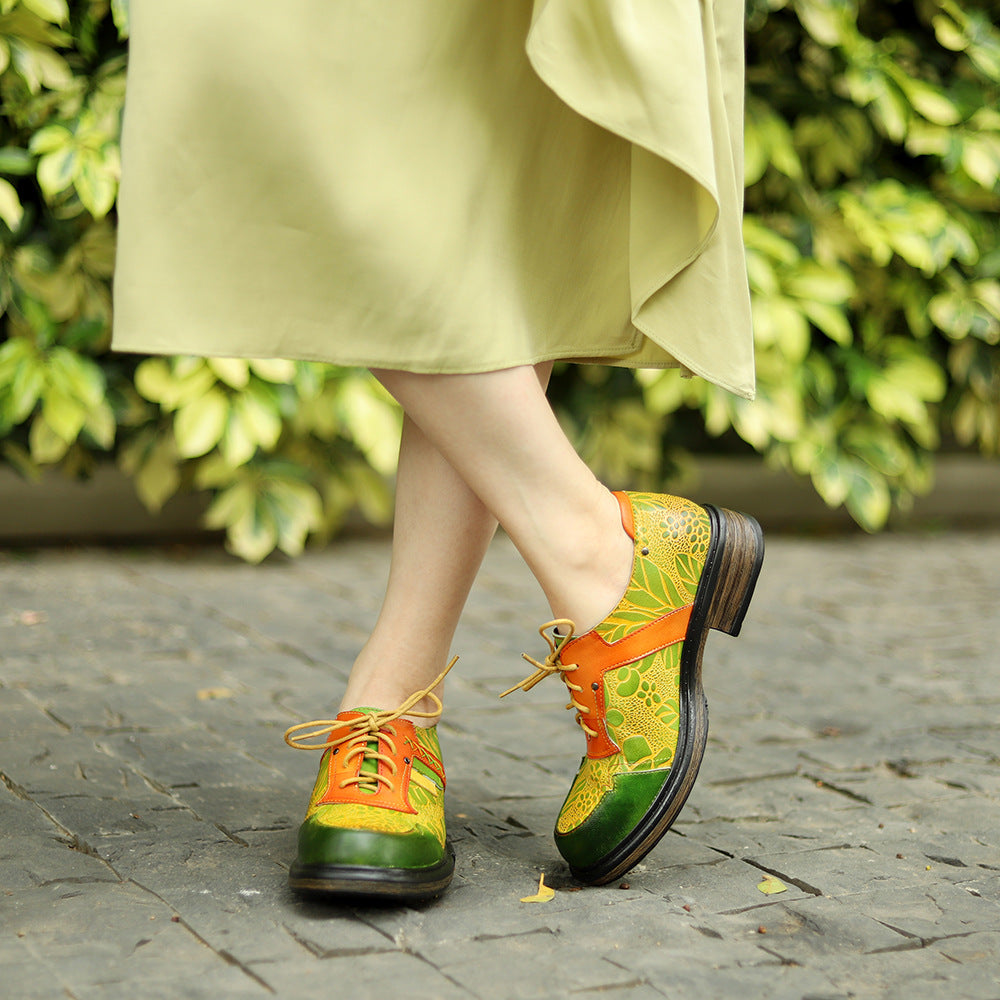 Women's Spring Genuine Retro Printing Color Contrast Women's Shoes