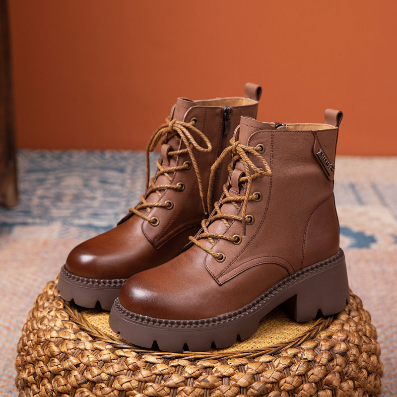 Women's Cowhide Autumn Flat Ankle Retro Round Toe Martin Boots