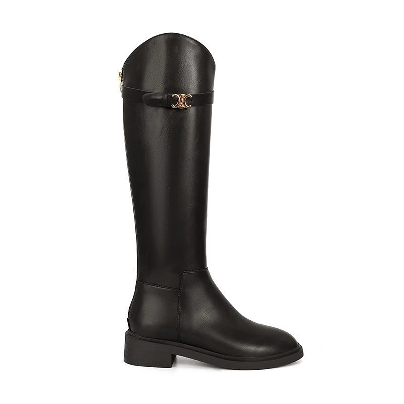 Women's Fashion Cowhide Oblique Arc Buckled Chunky Boots
