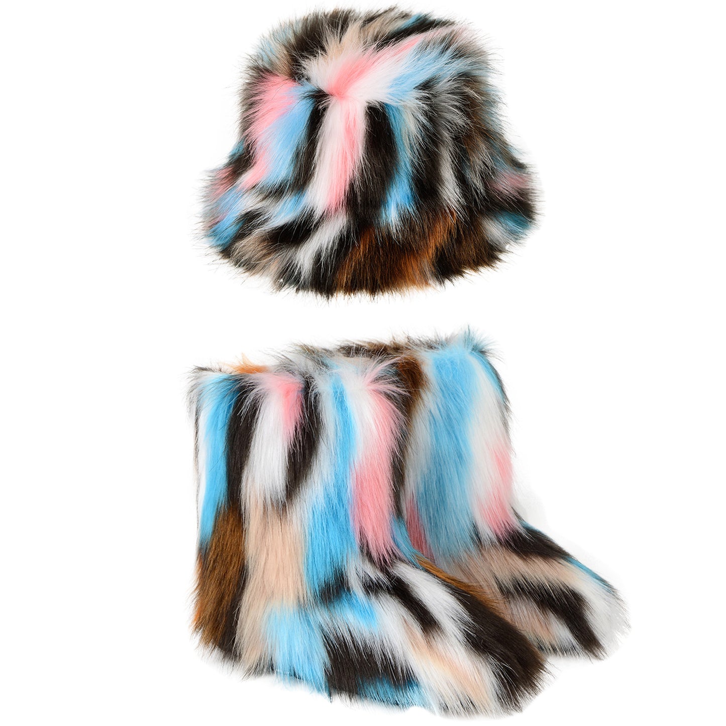 Women's Plush Suit Colorful Fur Bucket Hat Warm Snow Boots