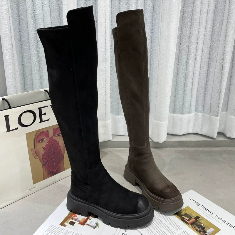 Women's Black Small Slimming Winter Thick Bottom Elastic Women's Leather Boots