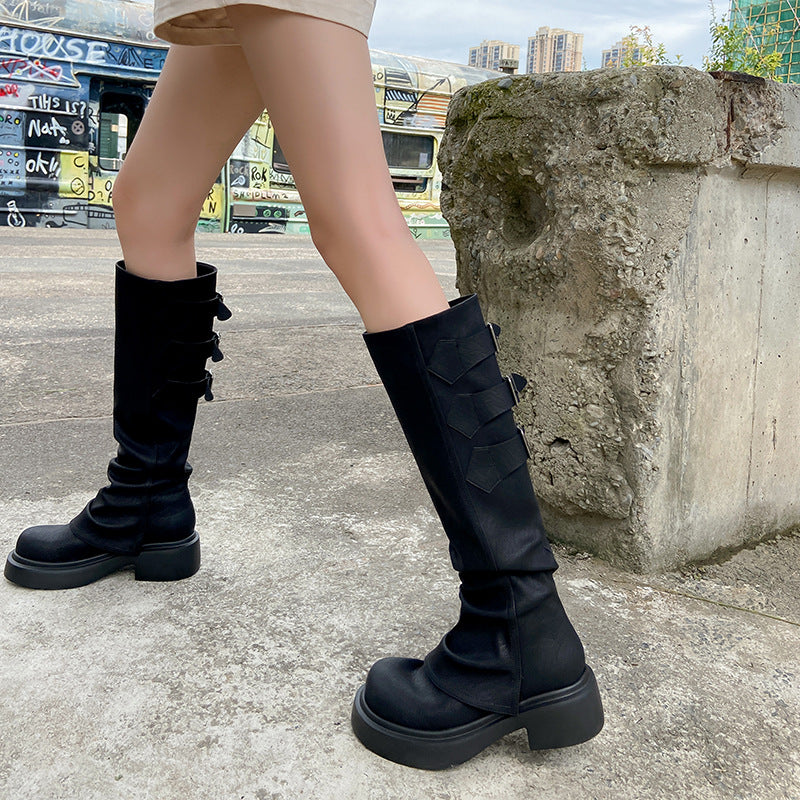 Women's Pipe Pleated Below The Knee Knight Boots