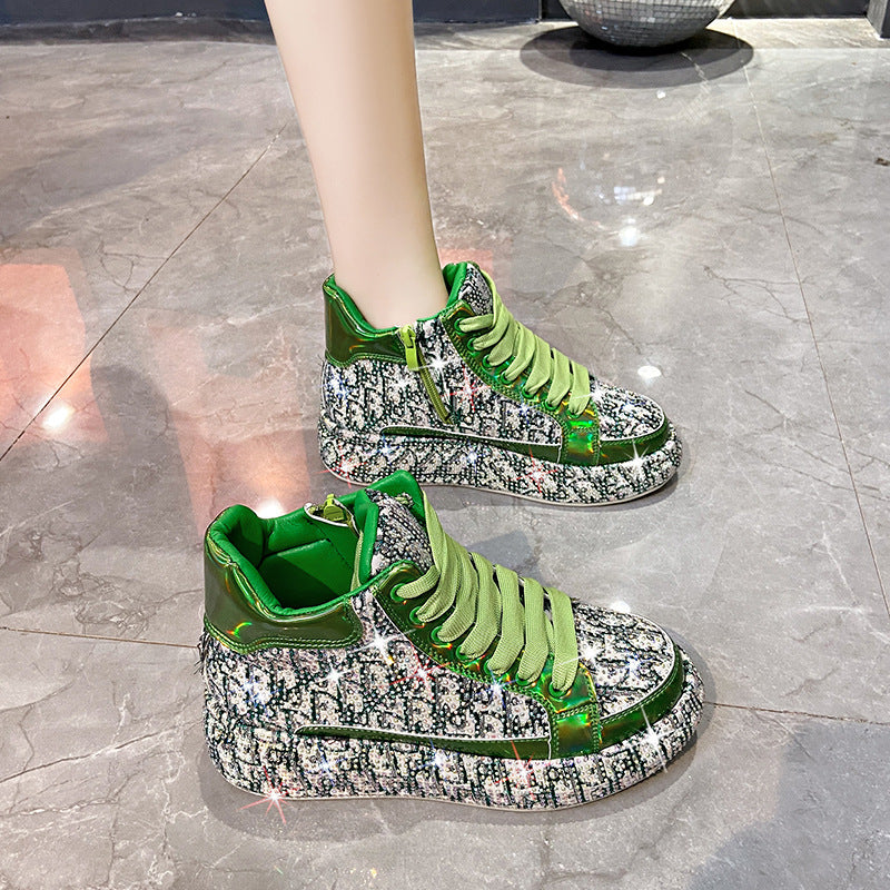 Women's Rhinestone Color Block Embroidery High Top Sneakers