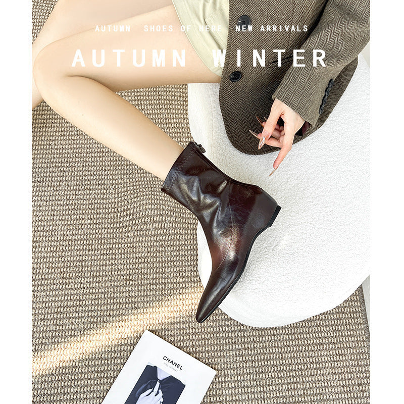 Pointed Toe Flat Ankle Female Brown Back Zipper Low Elastic Women's Leather Boots