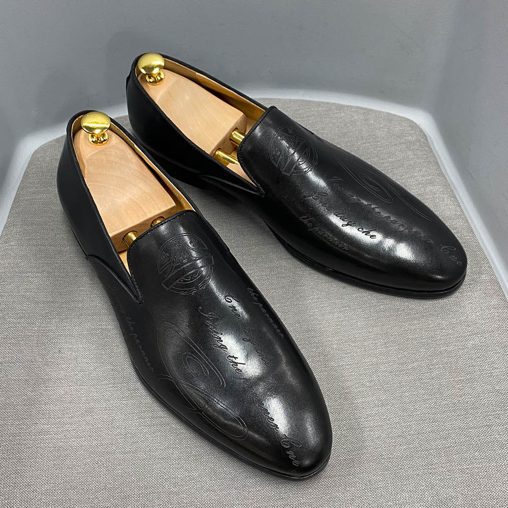 Men's Italian Style Letters Genuine Dress Slip-on Leather Shoes