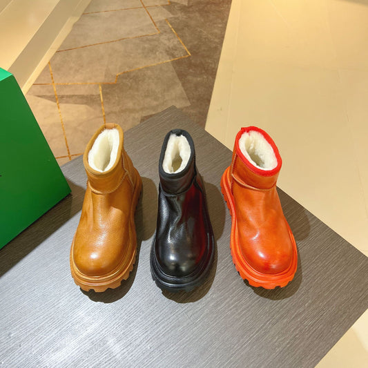 Women's Cowhide Wool Fur Integrated Platform Warm Snow Boots