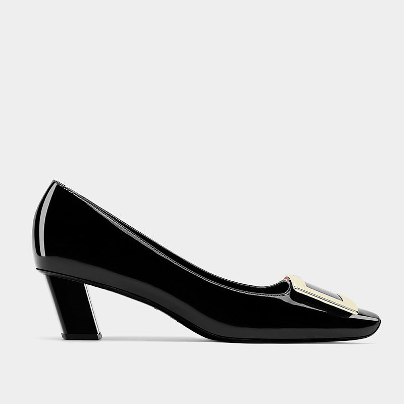 Women's Patent Square Buckle Chunky Mid Toe Low-cut Women's Fashion Shoes