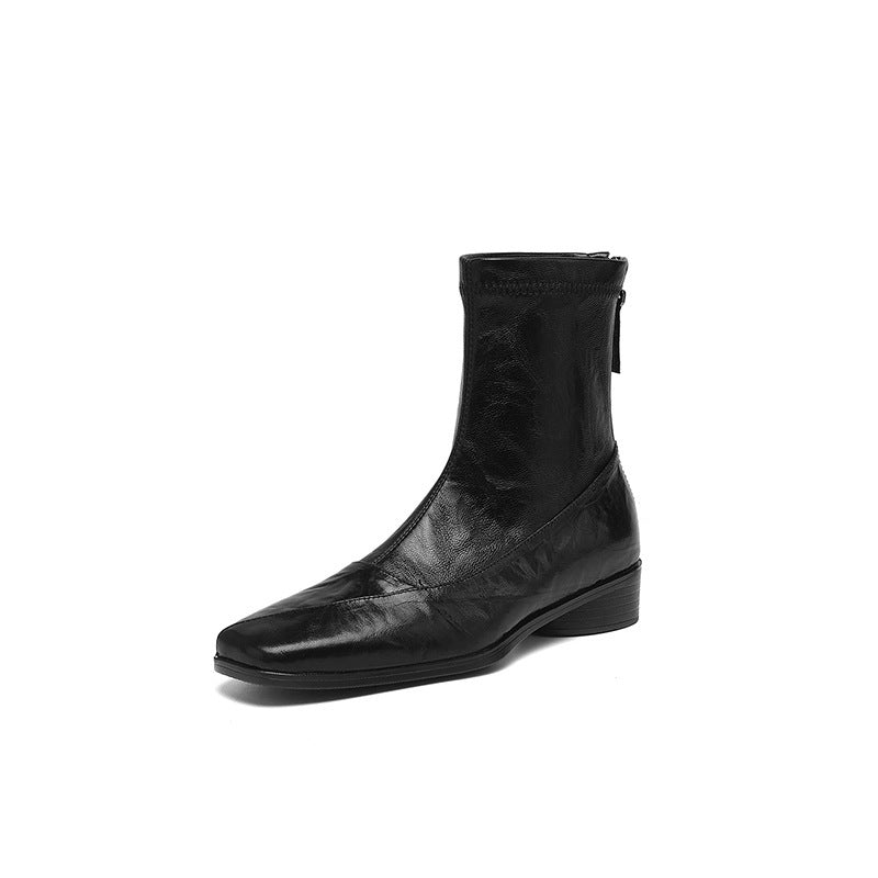 Women's Sheepskin Booties Genuine Temperament Square Toe Soft Bottom Comfortable Flat Women's Leather Boots
