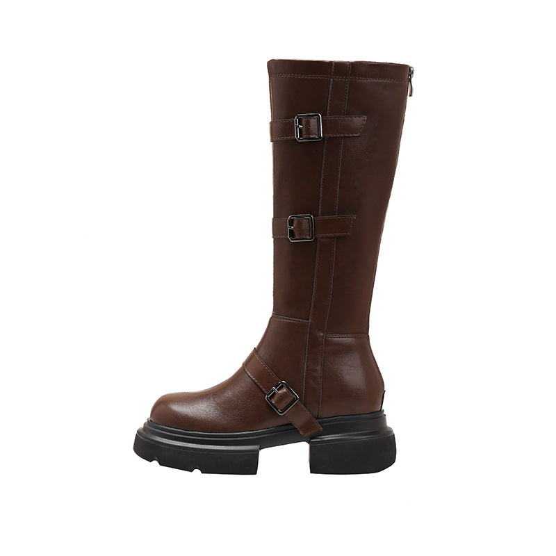 Women's Brown Small Hidden Platform Versatile Knee-high Below Boots
